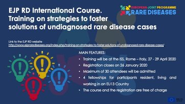 EJP RD International course: Training on strategies to foster solutions of undiagnosed rare disease cases will be held 27-29 April - Register now!